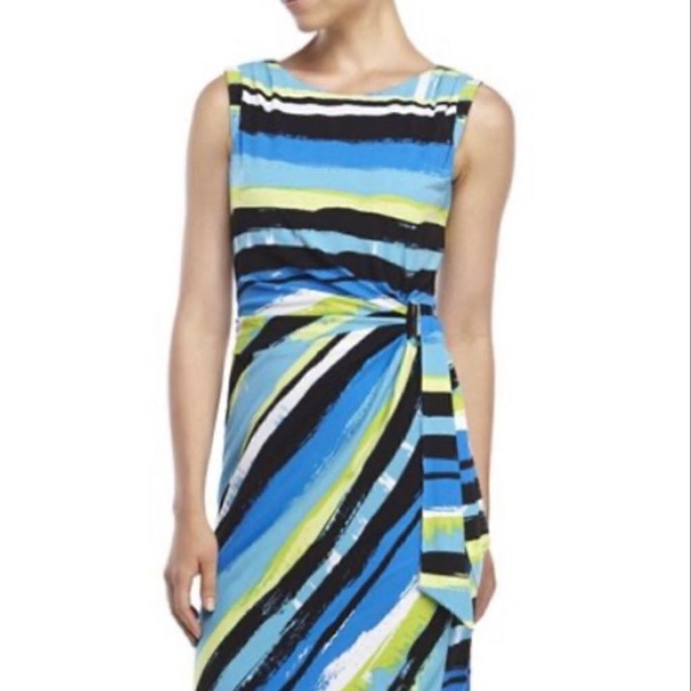 Tahari Bright Blue Multi Striped Side‎ Draped Sleeveless Work Party Dress Sz 8